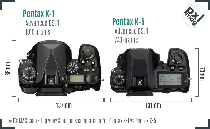 Pentax K-1 vs Pentax K-5 top view buttons comparison
