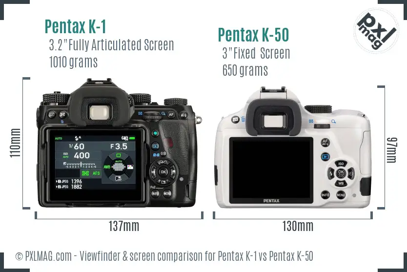 Pentax K-1 vs Pentax K-50 Screen and Viewfinder comparison