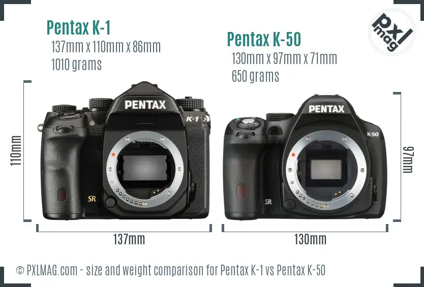 Pentax K-1 vs Pentax K-50 size comparison