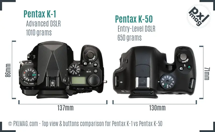 Pentax K-1 vs Pentax K-50 top view buttons comparison