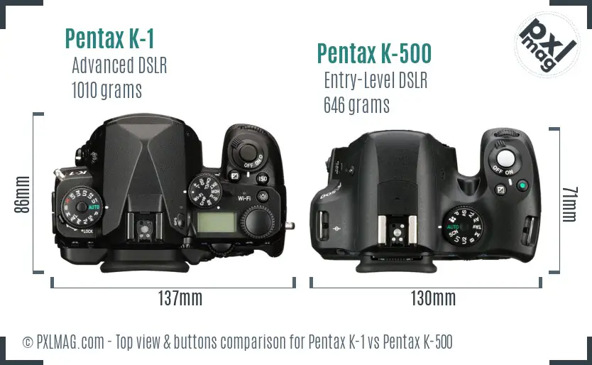 Pentax K-1 vs Pentax K-500 top view buttons comparison