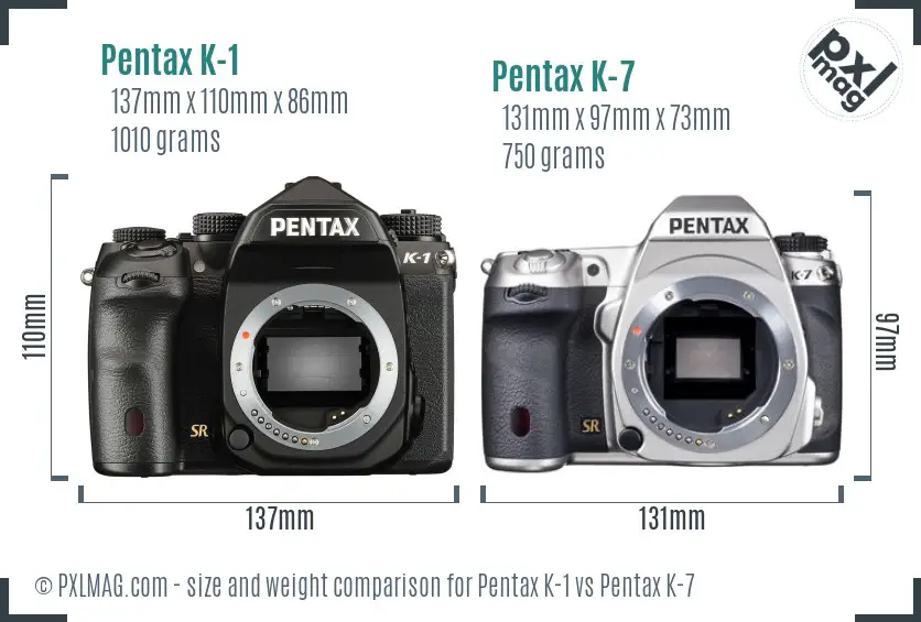 Pentax K-1 vs Pentax K-7 size comparison