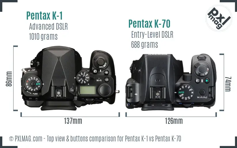 Pentax K-1 vs Pentax K-70 top view buttons comparison