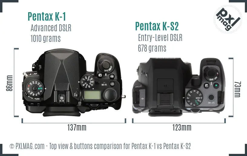 Pentax K-1 vs Pentax K-S2 top view buttons comparison