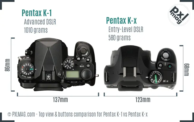 Pentax K-1 vs Pentax K-x top view buttons comparison