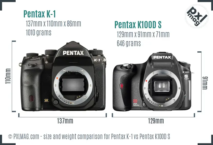 Pentax K-1 vs Pentax K100D S size comparison