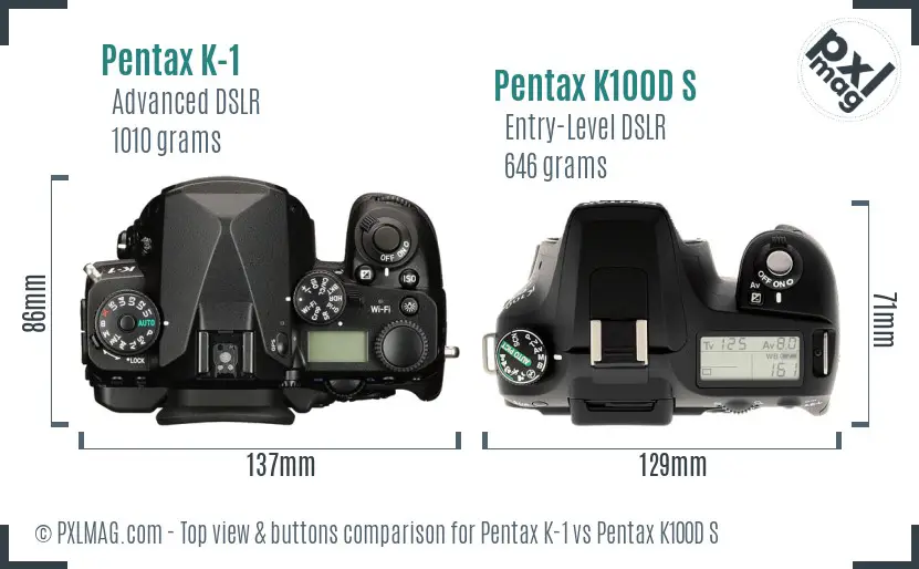 Pentax K-1 vs Pentax K100D S top view buttons comparison