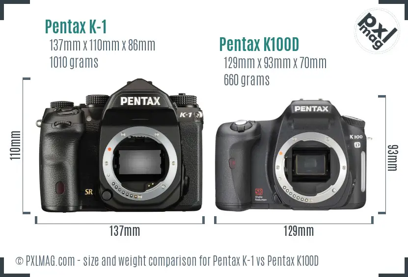 Pentax K-1 vs Pentax K100D size comparison