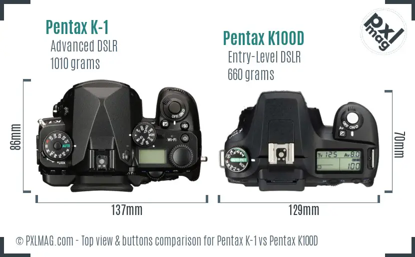 Pentax K-1 vs Pentax K100D top view buttons comparison