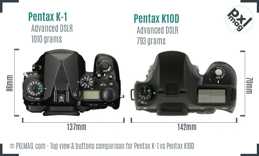 Pentax K-1 vs Pentax K10D top view buttons comparison