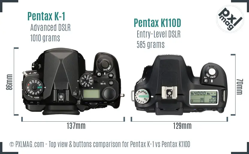 Pentax K-1 vs Pentax K110D top view buttons comparison