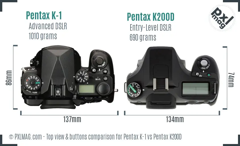 Pentax K-1 vs Pentax K200D top view buttons comparison