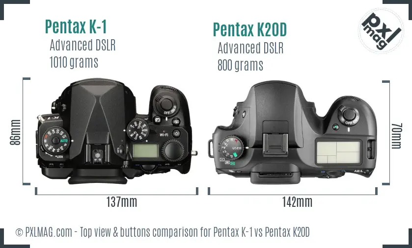 Pentax K-1 vs Pentax K20D top view buttons comparison