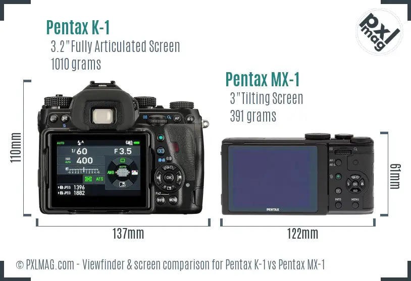 Pentax K-1 vs Pentax MX-1 Screen and Viewfinder comparison