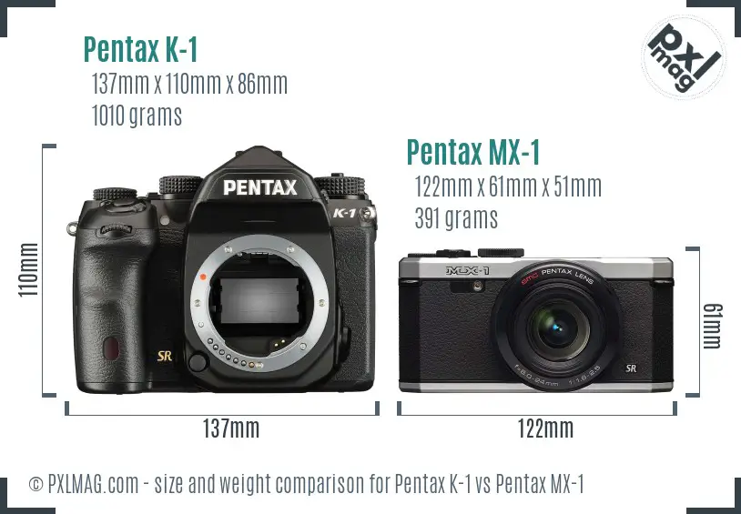 Pentax K-1 vs Pentax MX-1 size comparison