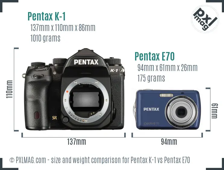 Pentax K-1 vs Pentax E70 size comparison