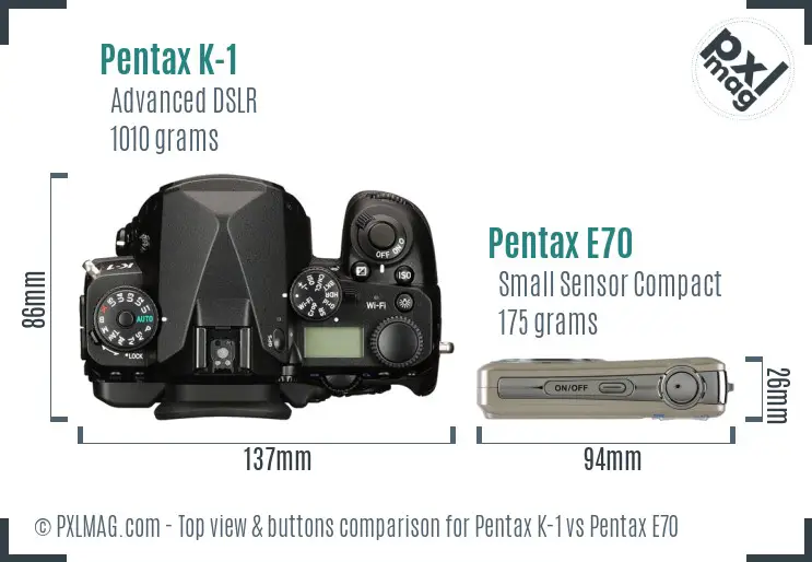 Pentax K-1 vs Pentax E70 top view buttons comparison