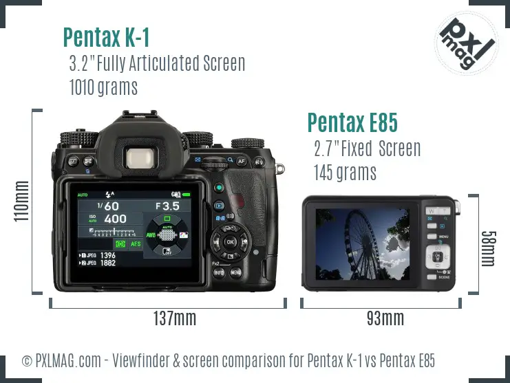 Pentax K-1 vs Pentax E85 Screen and Viewfinder comparison