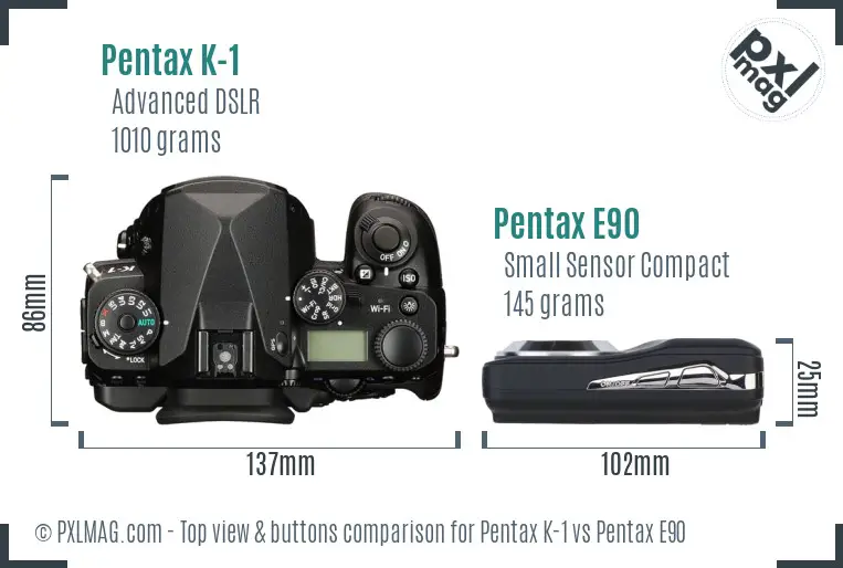 Pentax K-1 vs Pentax E90 top view buttons comparison