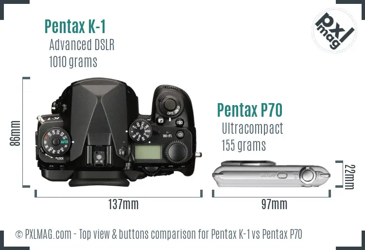 Pentax K-1 vs Pentax P70 top view buttons comparison