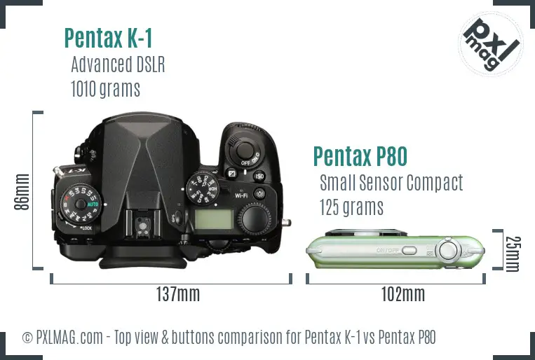 Pentax K-1 vs Pentax P80 top view buttons comparison