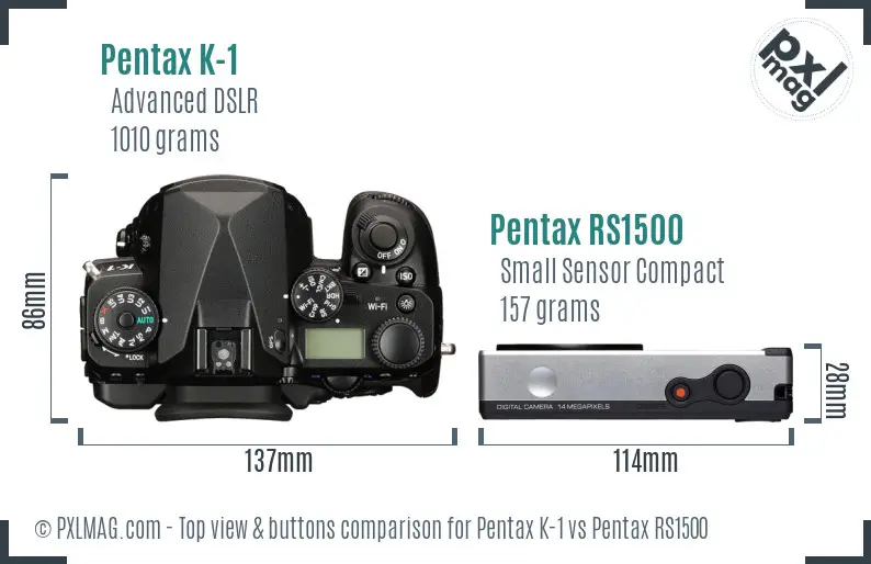 Pentax K-1 vs Pentax RS1500 top view buttons comparison