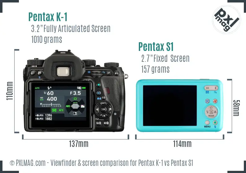 Pentax K-1 vs Pentax S1 Screen and Viewfinder comparison