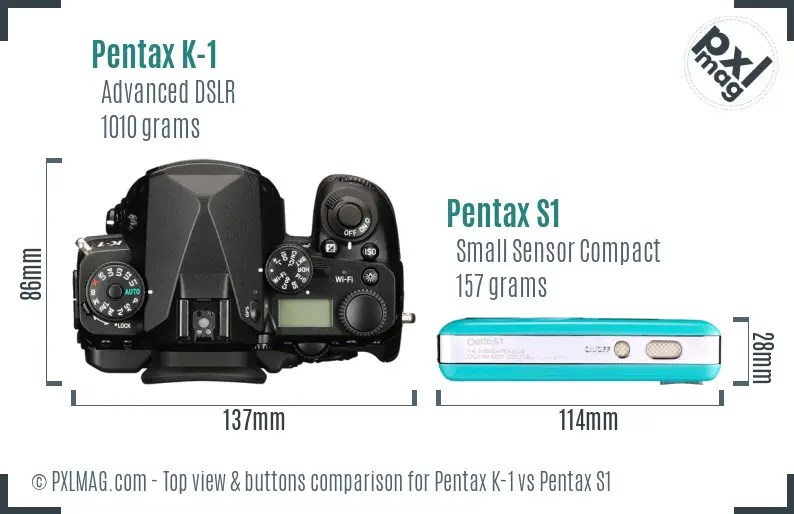 Pentax K-1 vs Pentax S1 top view buttons comparison