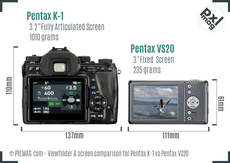 Pentax K-1 vs Pentax VS20 Screen and Viewfinder comparison