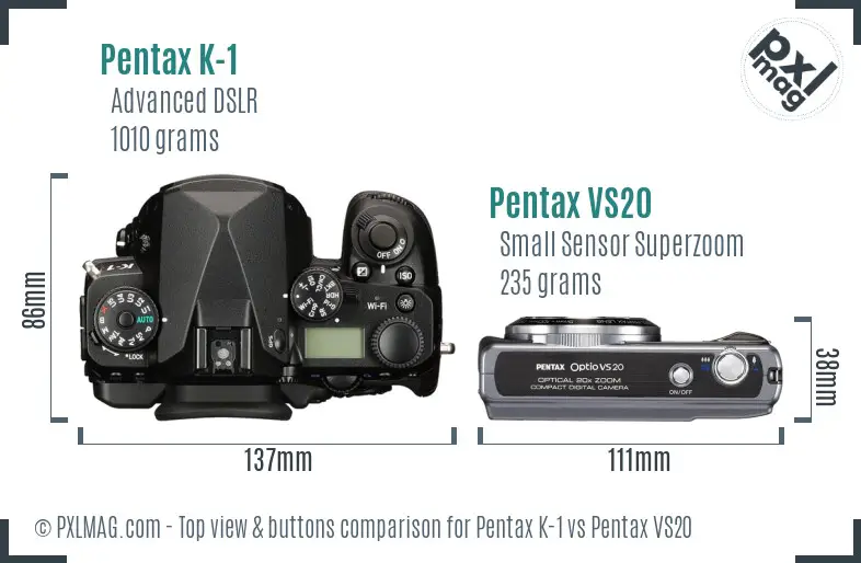 Pentax K-1 vs Pentax VS20 top view buttons comparison