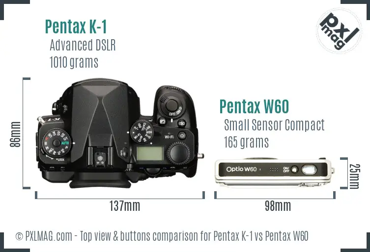 Pentax K-1 vs Pentax W60 top view buttons comparison