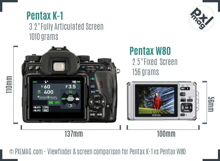 Pentax K-1 vs Pentax W80 Screen and Viewfinder comparison