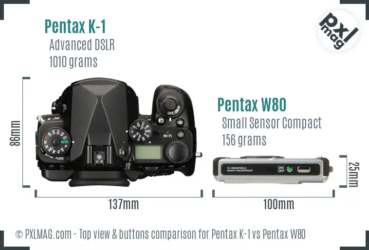 Pentax K-1 vs Pentax W80 top view buttons comparison