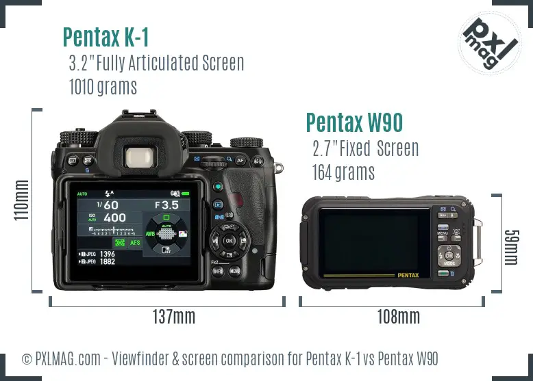 Pentax K-1 vs Pentax W90 Screen and Viewfinder comparison