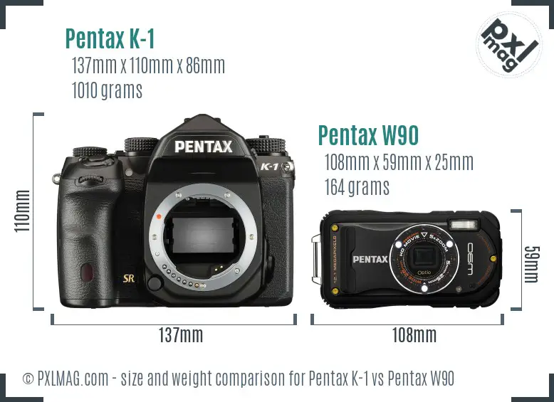Pentax K-1 vs Pentax W90 size comparison