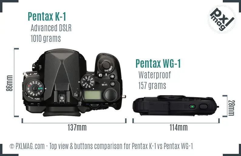 Pentax K-1 vs Pentax WG-1 top view buttons comparison