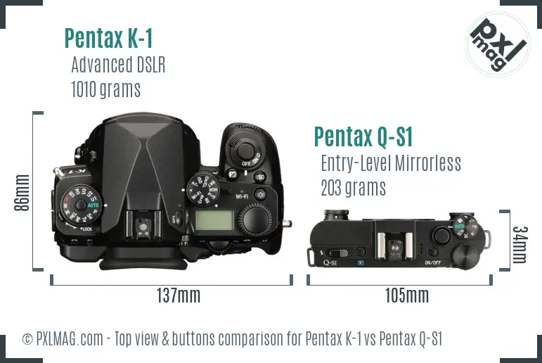 Pentax K-1 vs Pentax Q-S1 top view buttons comparison