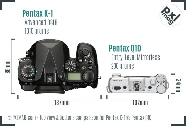 Pentax K-1 vs Pentax Q10 top view buttons comparison