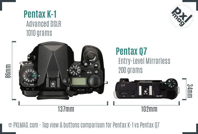 Pentax K-1 vs Pentax Q7 top view buttons comparison