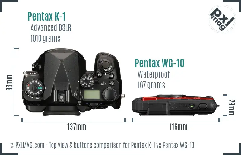 Pentax K-1 vs Pentax WG-10 top view buttons comparison