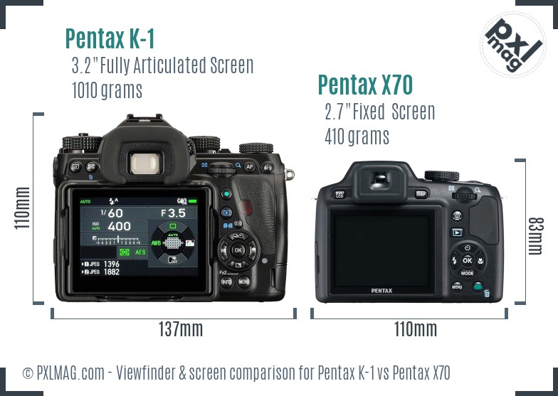 Pentax K-1 vs Pentax X70 Screen and Viewfinder comparison