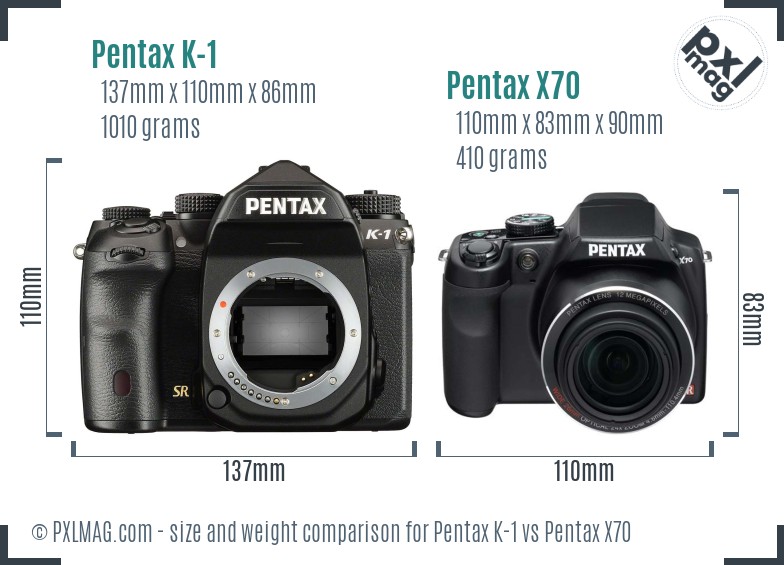 Pentax K-1 vs Pentax X70 size comparison