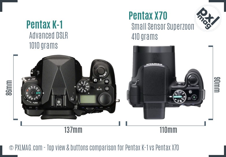 Pentax K-1 vs Pentax X70 top view buttons comparison