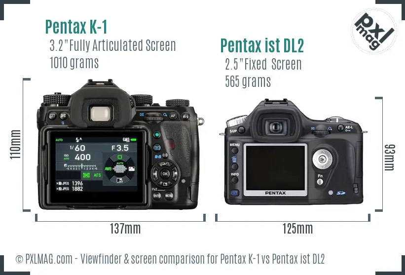 Pentax K-1 vs Pentax ist DL2 Screen and Viewfinder comparison
