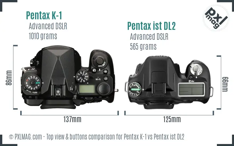 Pentax K-1 vs Pentax ist DL2 top view buttons comparison