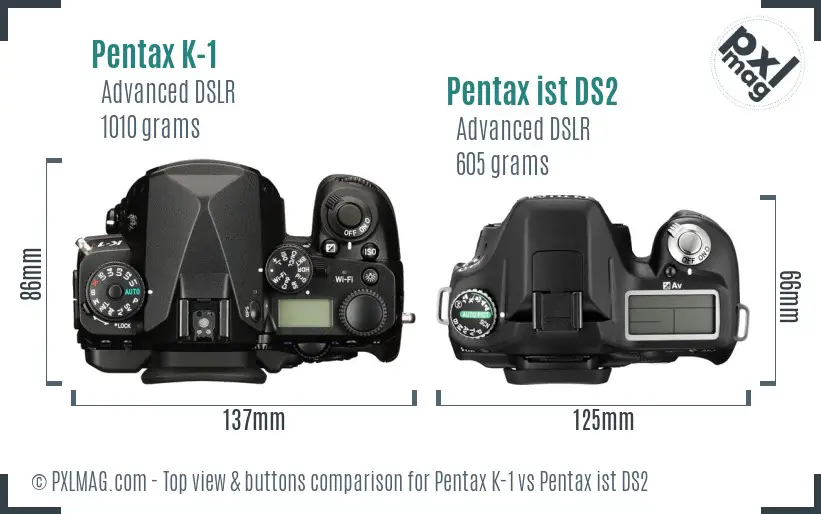 Pentax K-1 vs Pentax ist DS2 top view buttons comparison