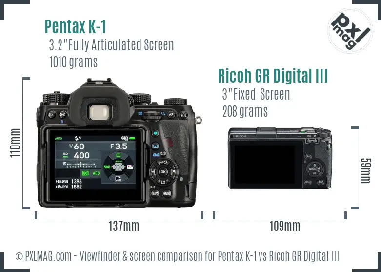 Pentax K-1 vs Ricoh GR Digital III Screen and Viewfinder comparison