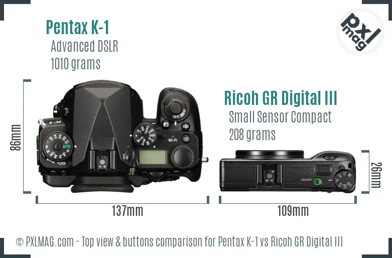 Pentax K-1 vs Ricoh GR Digital III top view buttons comparison