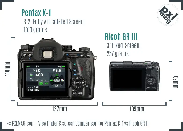 Pentax K-1 vs Ricoh GR III Screen and Viewfinder comparison