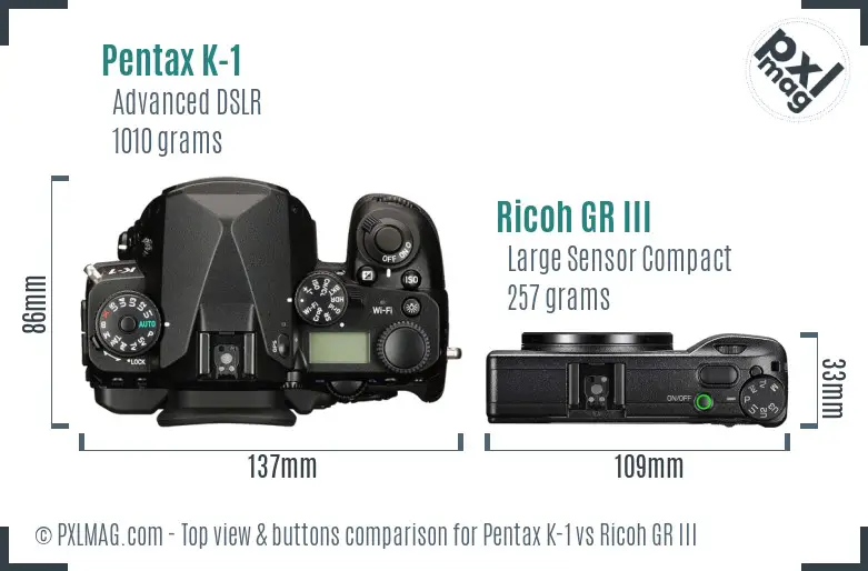 Pentax K-1 vs Ricoh GR III top view buttons comparison